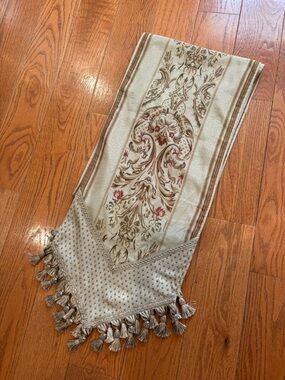 Pier 1 Embroidered Tassel Table Runner 108” Neutral Vintage Boho Luxe